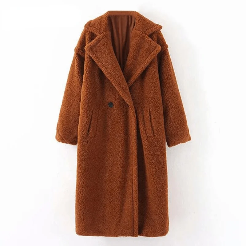 

2021winter Casual Solid Teddy Coat Women Long Sleeve Fleece Long Jacket Turn Down Collar Lamb Fur Coat Outerwear Fourrure