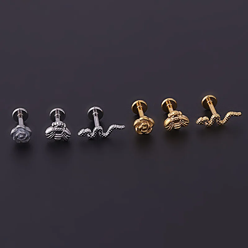 Miqiao 1 пара внутренней резьбы из нержавеющей стали 16GX6MM цветок насекомое Змея Форма уха кость гвоздик для губ