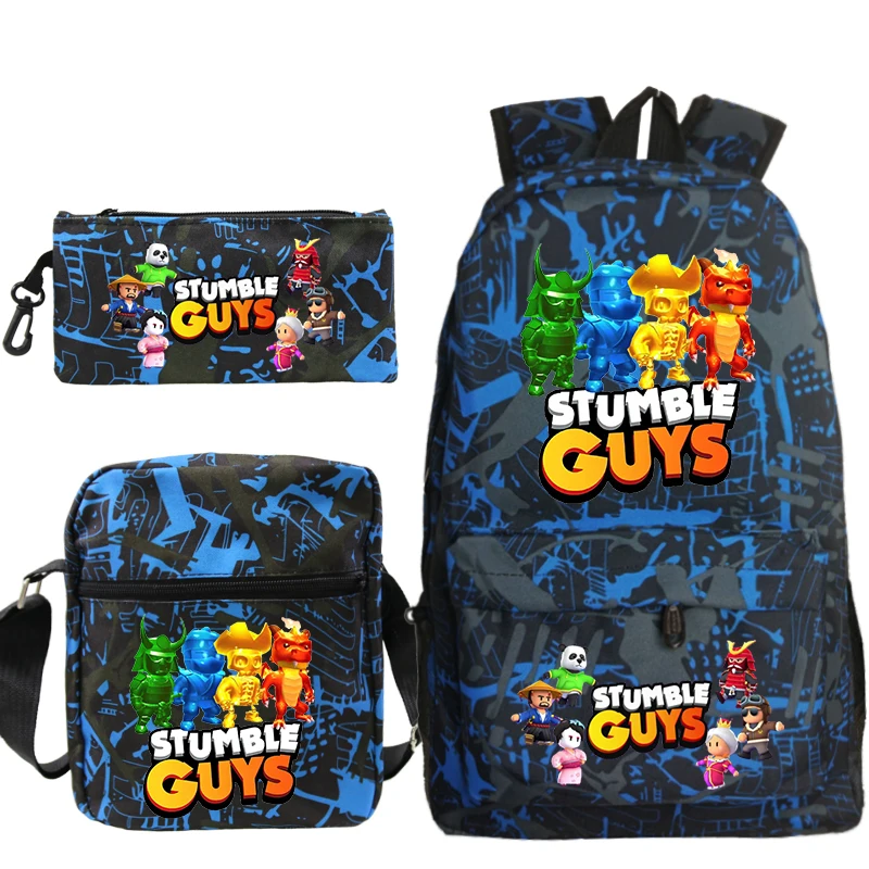 

Stumble Guys Backpack Shoulder Bag Pencil Bag 3 Pcs Set Cartoon Print Schoolbag Kids School Bookbag Boys Daypack Girls Knapsack