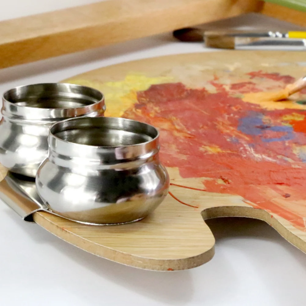 

Palette Cups, 2 Pack Paint Pot Container Cup with Lid and Clip Double Dippers Stainless Steel for Oil Painting
