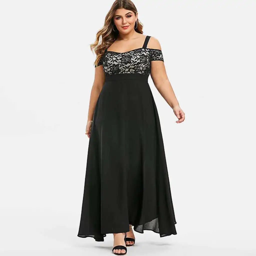 

robe grande taille femme 6xl Summer sexy cold shoulder slash neck short sleeve lace patchwork chiffon spaghetti strap maxi dress
