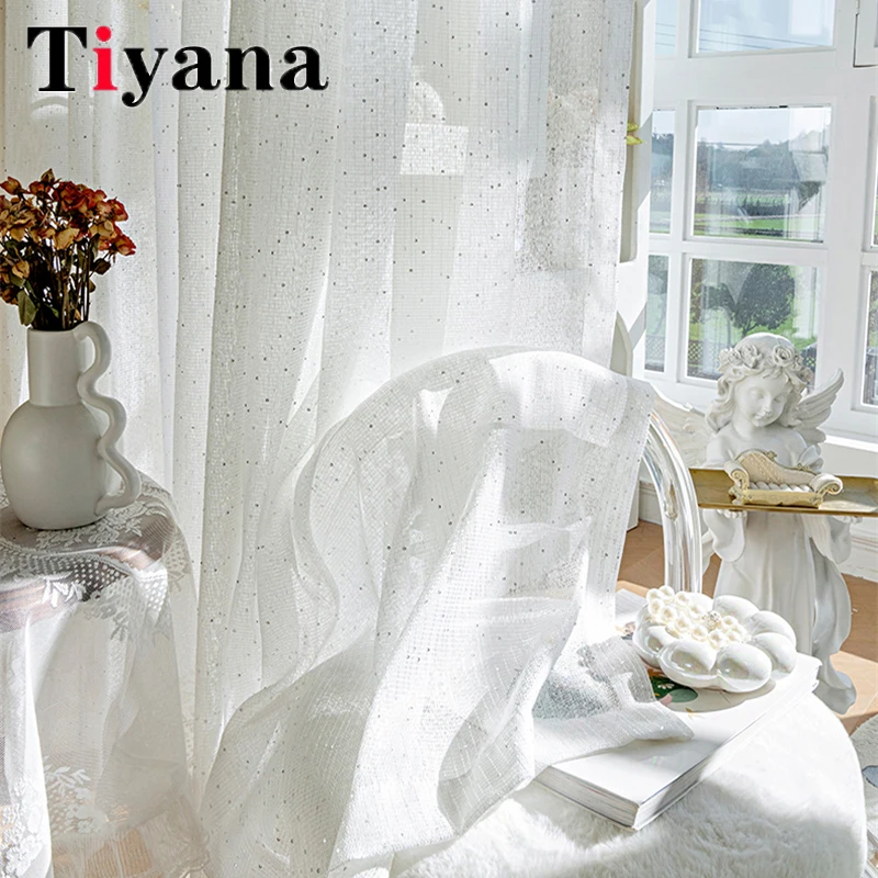

French White Sheer Tulle Silver Sequin Embroidery Bedroom Curtains For Living Room Balcony Drapes Balcony Window Grey Curtains