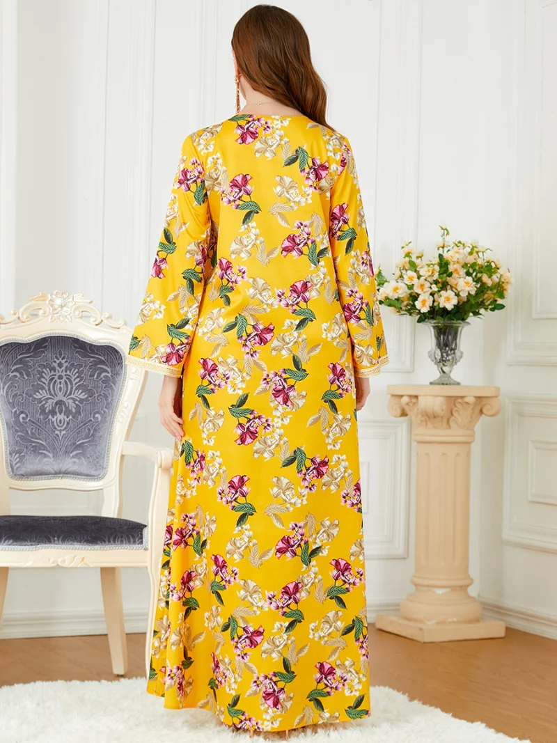 Muslim Woman Abaya Flower Print V-Neck Tape Trim Long Sleeve A-Line Dress Elegant Ladies Dresses Caftan Marocain Ramadan