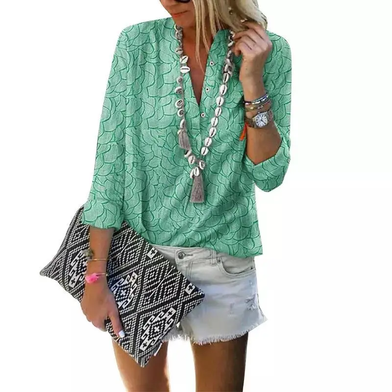 

2022 printed three button stand collar long sleeve casual shirt women's autumn