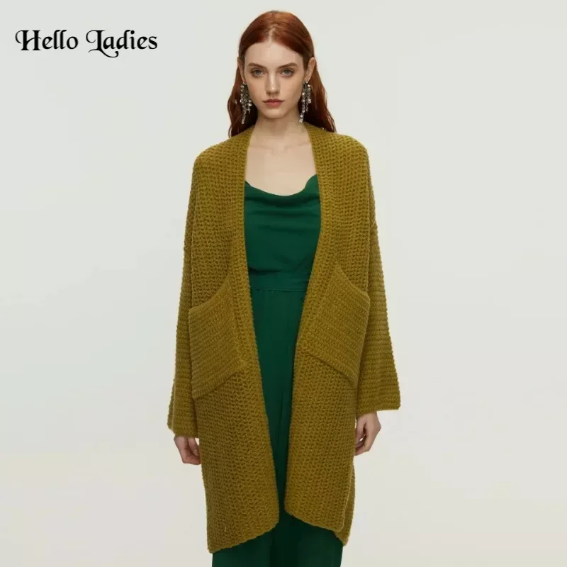 

HL New Cardigan Knit Sweater Women Solid Color Loose Thick Autumn Warm Knit Pocket Ladies Autumn V Neck Long Knitted Jacket Coat
