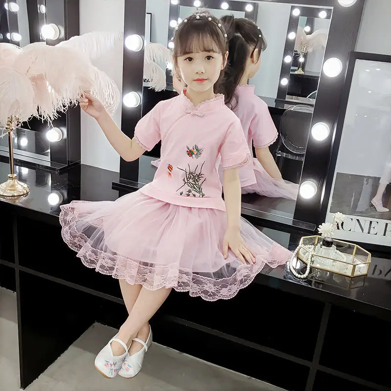 

Dress Girl Summer 2022 Children's Student Fashion Dresses Chinese Style Embroidery Dress 7 Years Old Short Sleeve T-Shirt Skirt