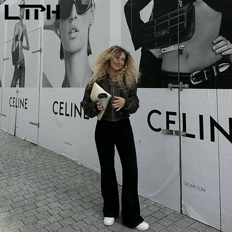 LTPH faux leather jacket women vintage zipper stand-up collar long sleeve coats streetwear casual jackets 2023 summer new