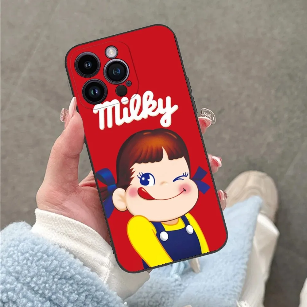 Fujiya Milky Peko-Chan Phone Case For iPhone 16 15 14 13 12 11 Plus Pro Max XS X XR SE Mini 8 7 Soft Silicone Black Cover