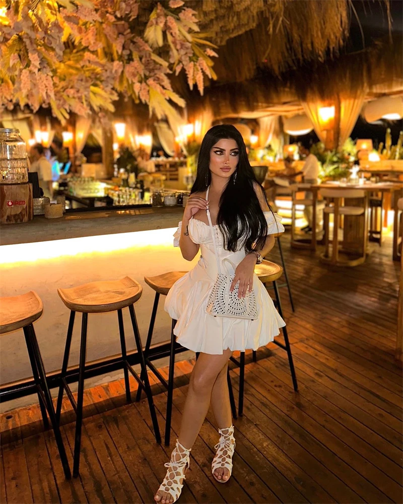 

Linyang White Off The Shoulder Prom Dress Short Length With Short Sleeves Evening Summer Party Dress For Women2023