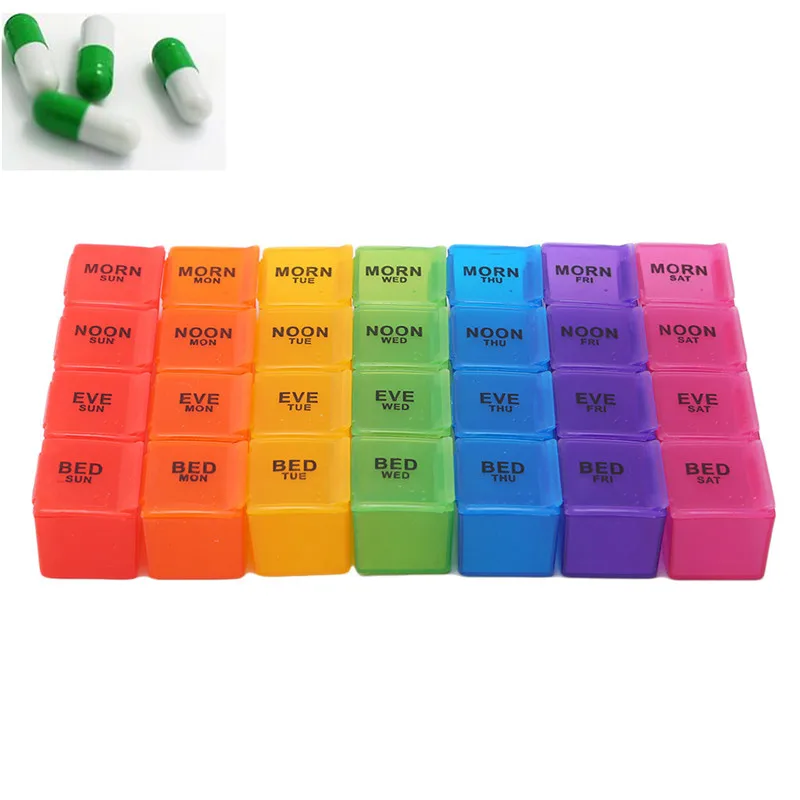 

28 партий, контейнер для таблеток на неделю, контейнер для таблеток, безопасный Чехол для хранения таблеток радужного цвета