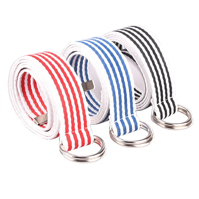

New Canvas Double Ring Belt Women Fashion No Hole Stripe Iron Belts Female Dress Jeans Waistband Brand Design 2022