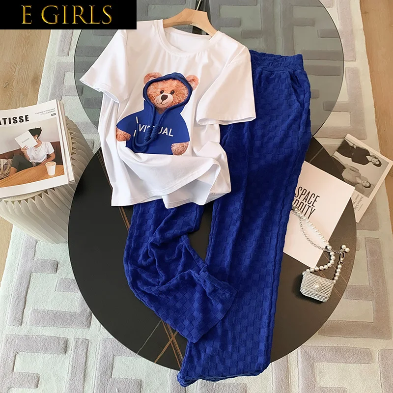 

F GIRLS Two Piece Sets Womens Outifits Fashion Summer Loose Short Sleeved T-Shirt+Plaid Wide Leg Pants Suit Women Casual Tracks