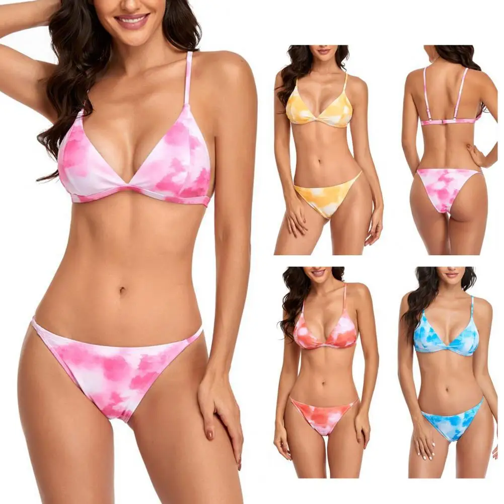

2 Pcs/Set Swimwear Set Tie-dye Sweet Color Artistic Colorfast Summer Bikini Set for Swimming