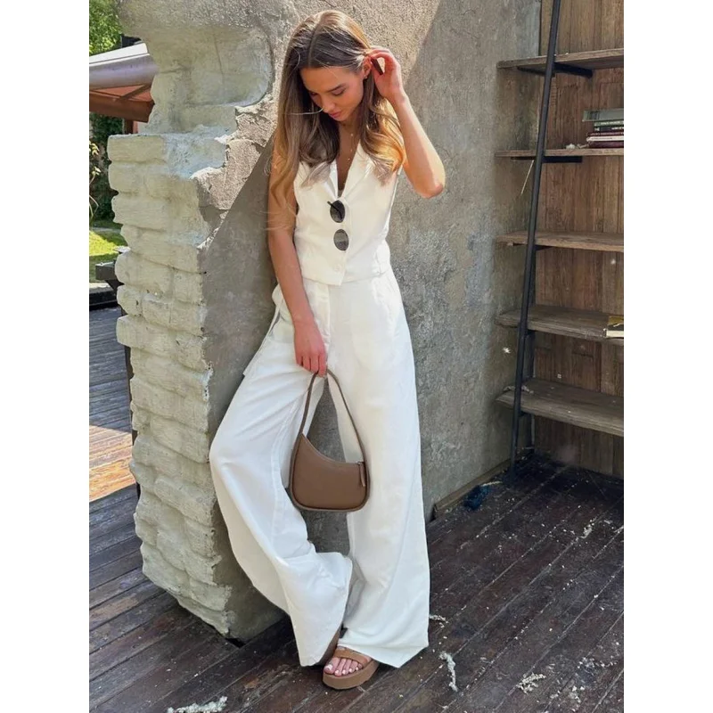

Womem Linen Cotton Chic Vest ＆ Pants Suit Two-Piece Set Office Ladies Summer Sets Womens Outfits