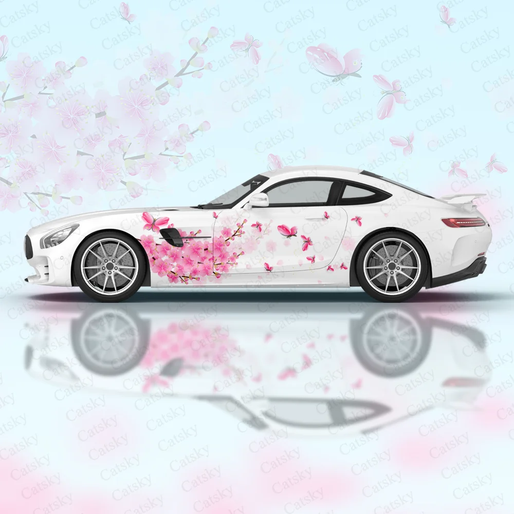 

Виниловая наклейка на заднюю крышку автомобиля с изображением розовых цветов бабочек