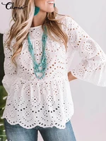 sexy hollow out tunic celmia yellow lace peplum tops women shirts 2022 summer elegant 34 flare sleeve blouses casual blusas