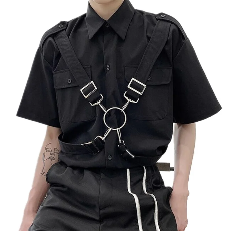 

Рубашка в стиле хип-хоп для мужчин и женщин, блузка оверсайз с лентами и железными кольцами, винтажная повседневная одежда в стиле панк, лето 2021