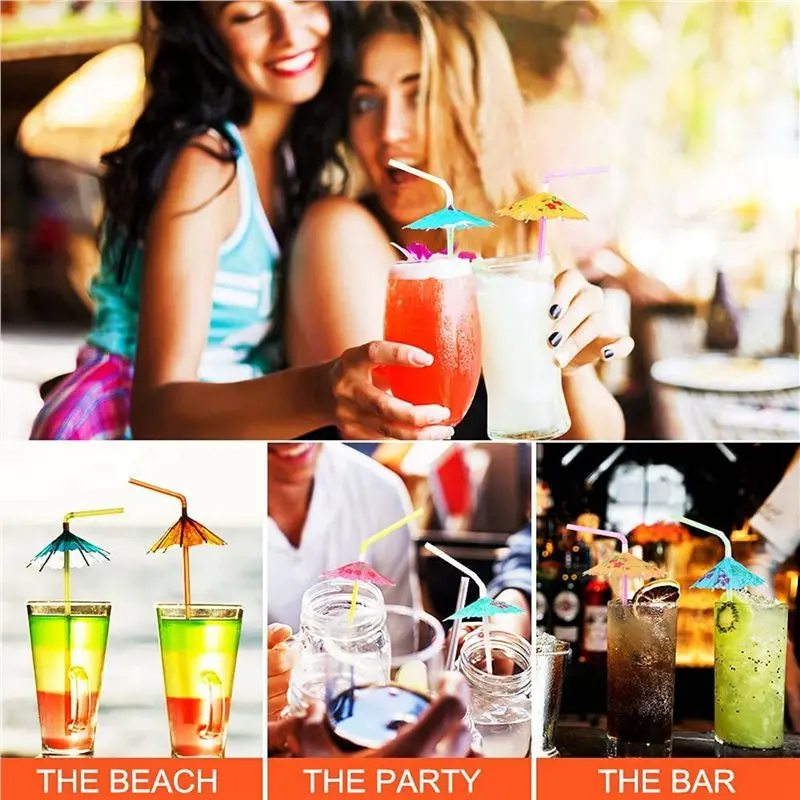 Фото A84E-1200 шт. разноцветных гибких одноразовых трубочек-зонтиков для пляжных вечеринок, баров и украшения коктейлей №5