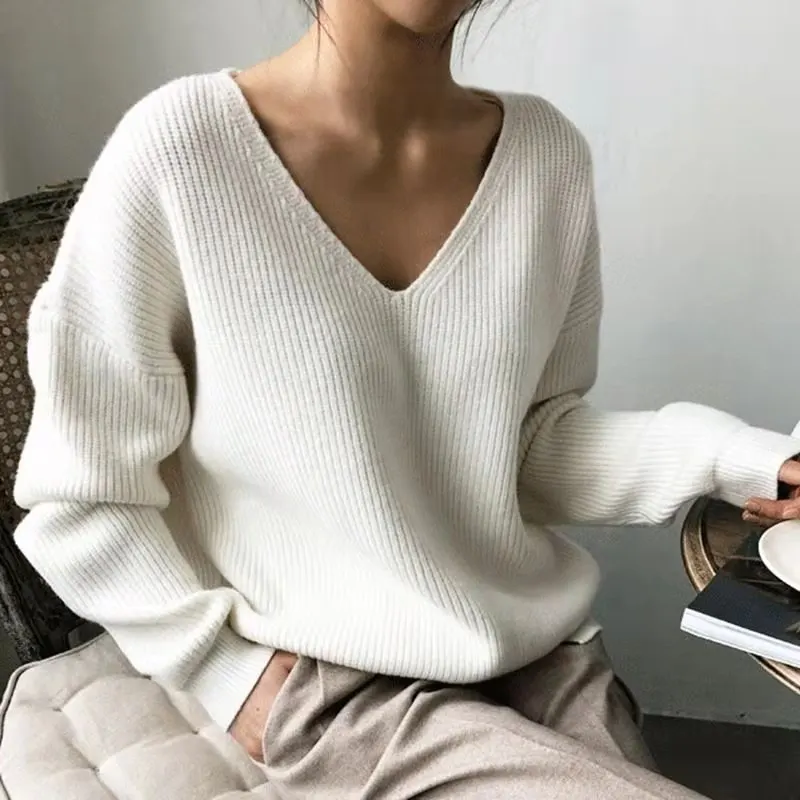 

Elliexi Women Sweaters V-Neck Solid Pullovers Knitted Tops Long Sleeve Fleece Jumpers Soft Warm Casual Sweater Women 2021 Winter