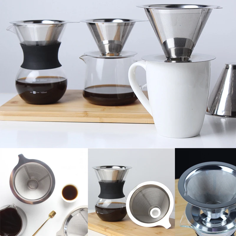 

Double Layer 304 Stainless Steel Coffee Filter Holder Mesh Drip Cone Coffee Dripper Brewer Tea Filter Basket Tools For Household