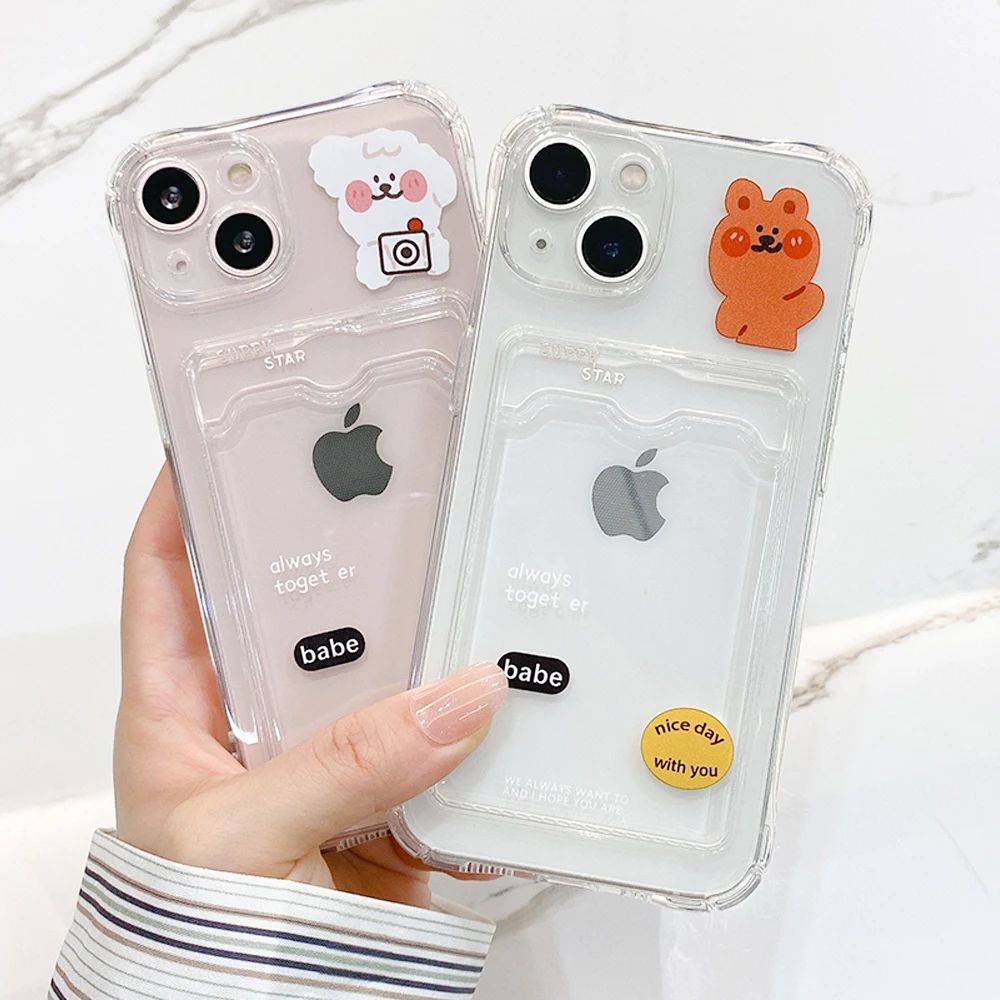 

Card Holder Bags Clear Phone Case For iPhone 11 12 13 Pro Max X XR XS Max 7 8 Plus SE 2020 2022 Bear Lens Protection Soft Covers