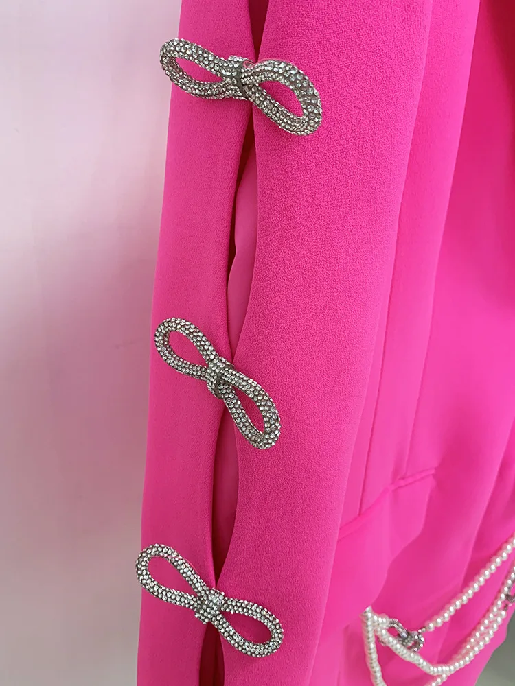 ZJYT Elegant Beading Bow Long Blazers for Women Party Jacket Coat Autumn Winter Notched Collar Pink Office Outerwear Female Tops