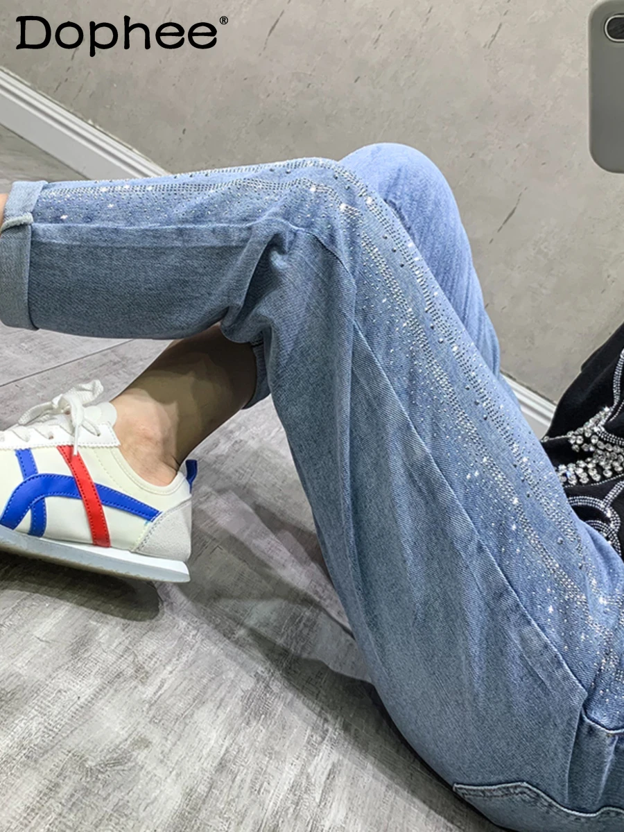 

2022 Summer Autumn New Trendy Rhinestone Jeans Women Straight Loose Baggy Pants High Waist Slimming Cropped Harem Denim Trousers