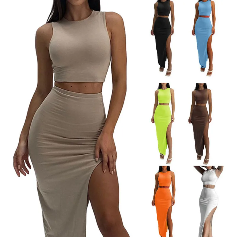 

Two Piece Skirt Set Women's Suit y2k Clothes Summer 2023 Sexy Outfit Cropped Top and Split Skirt Chic Elegant Female Clothing