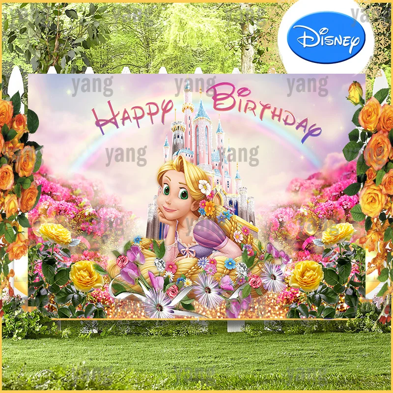 Disney Cute Princess Tangled Rapunzel Cartoon Colorful Rainbow Flowers Birthday Party Castle Backdrop Photography Background