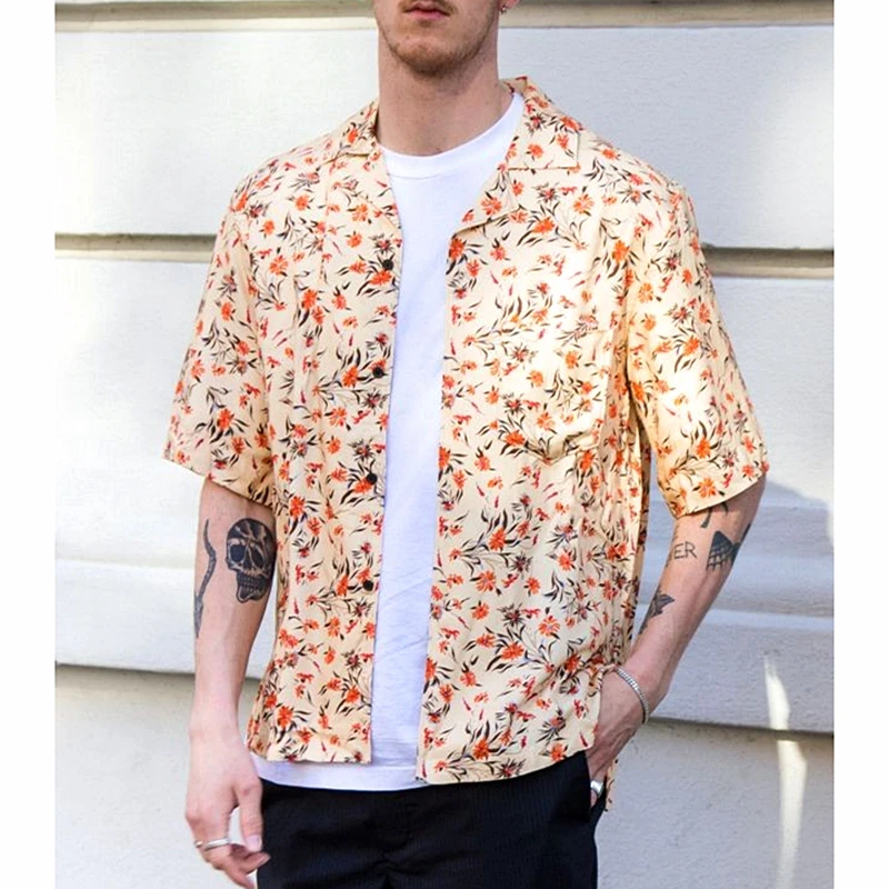 

Vintage brand Khaki Floral Shirt for Men Cuba Neck Loose Comfort Lady Blouse Women Short Sleeve Tops 2022 Summer Beach Hawaiian
