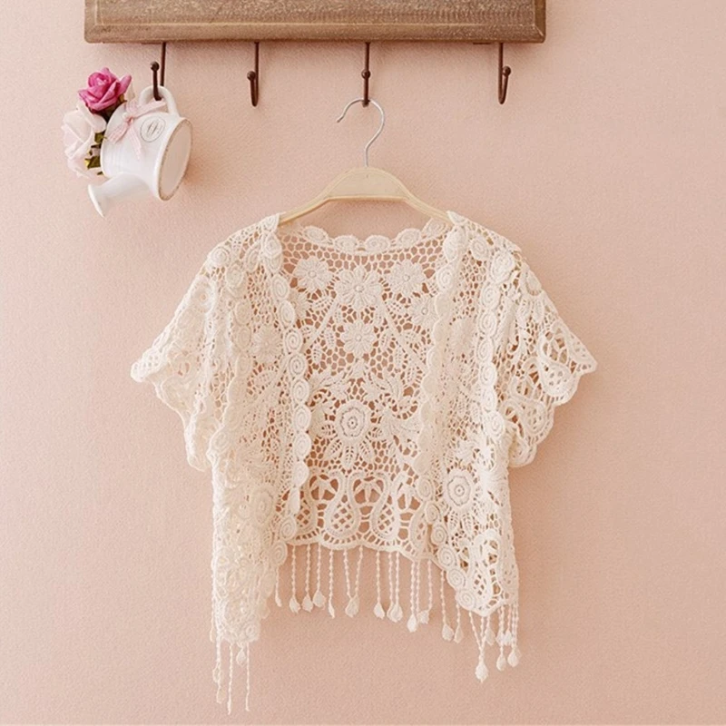 

Women Crochet Tassels Floral Short Sleeve Shrug Open Front Crop Bolero Jackets Drop Shipping