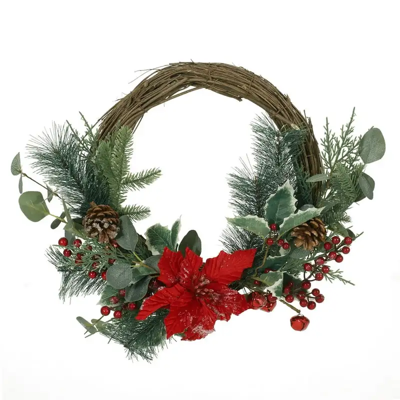 

Artificial Eucalyptus Half Wreath with Poinsettia and Berries, Green and Red, 23.5 Wreath frame Hoop garland table Eucalyptus ga