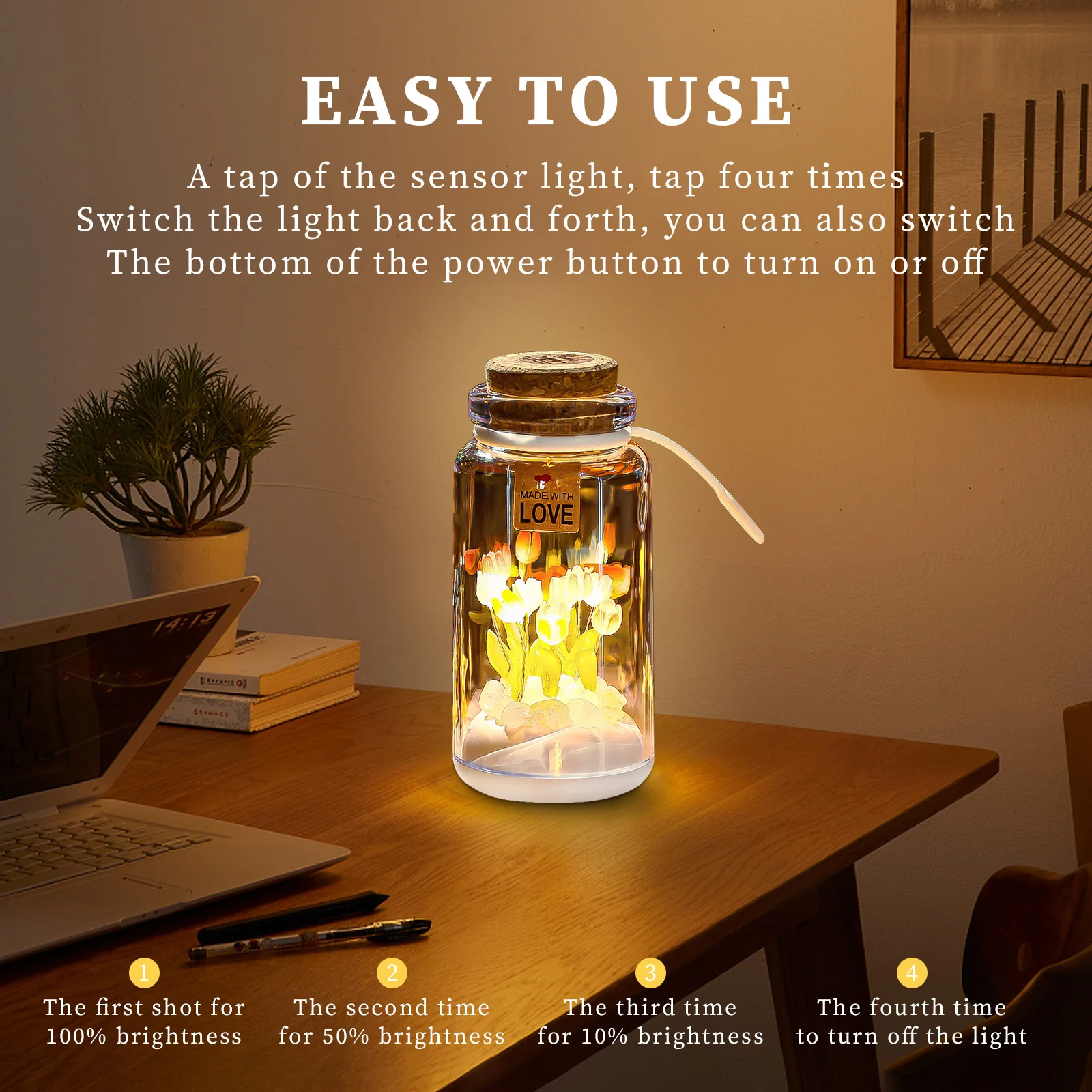 

USB Tulip Flower Lamp Pat Induction 5V 3W 500mAh LED Wish Bottle Light 3-gear Dimmable Ornaments Holiday Decor for Home Bedroom