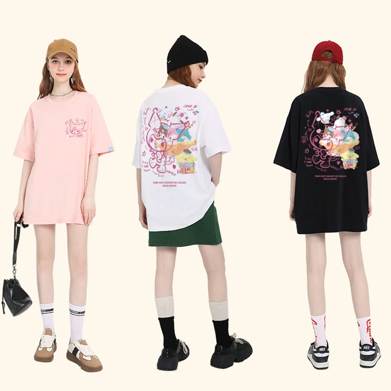 

Kawaii Sanrio Kuromi Cartoon Print T-Shirt Summer Cute Girl Y2K Cotton Loose Version Simple Short-Sleeved Sweater Top Clothing