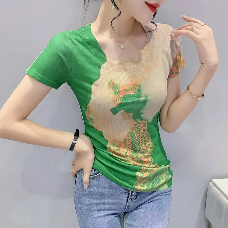 

#6990 эластичная Сетчатая футболка, Женская облегающая Базовая футболка с круглым вырезом, женская летняя футболка с коротким рукавом и принт...