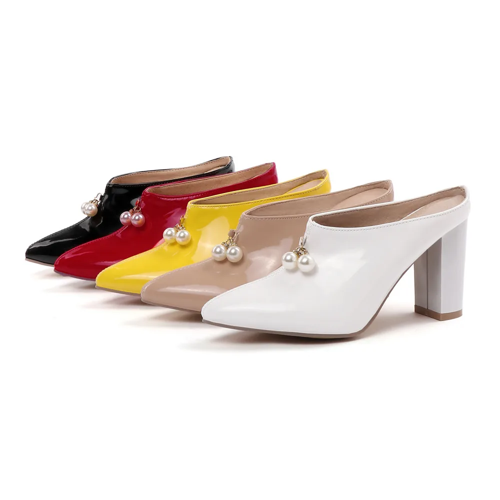 Summer Women Mules Red Black White Patent Leather High Chunky Heels Pumps Sexy Party Leisure Lady Slip-on Casual Pearl Slippers