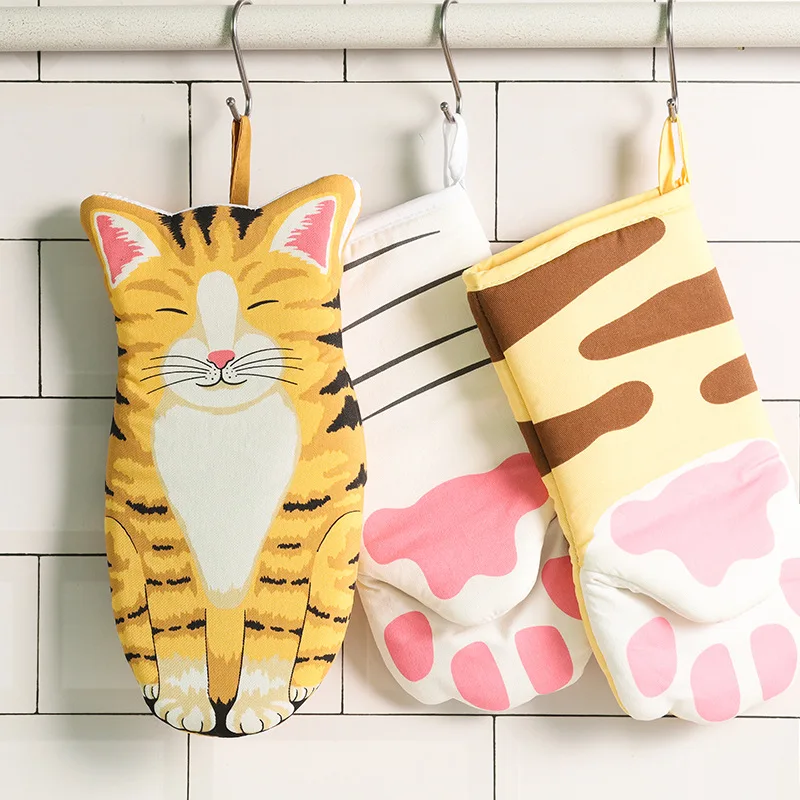 

1Pair Cute Cartoon Cat Paws Oven Mitts Long Cotton Baking Insulation Microwave Heat Resistant Non-slip Gloves Animal Design