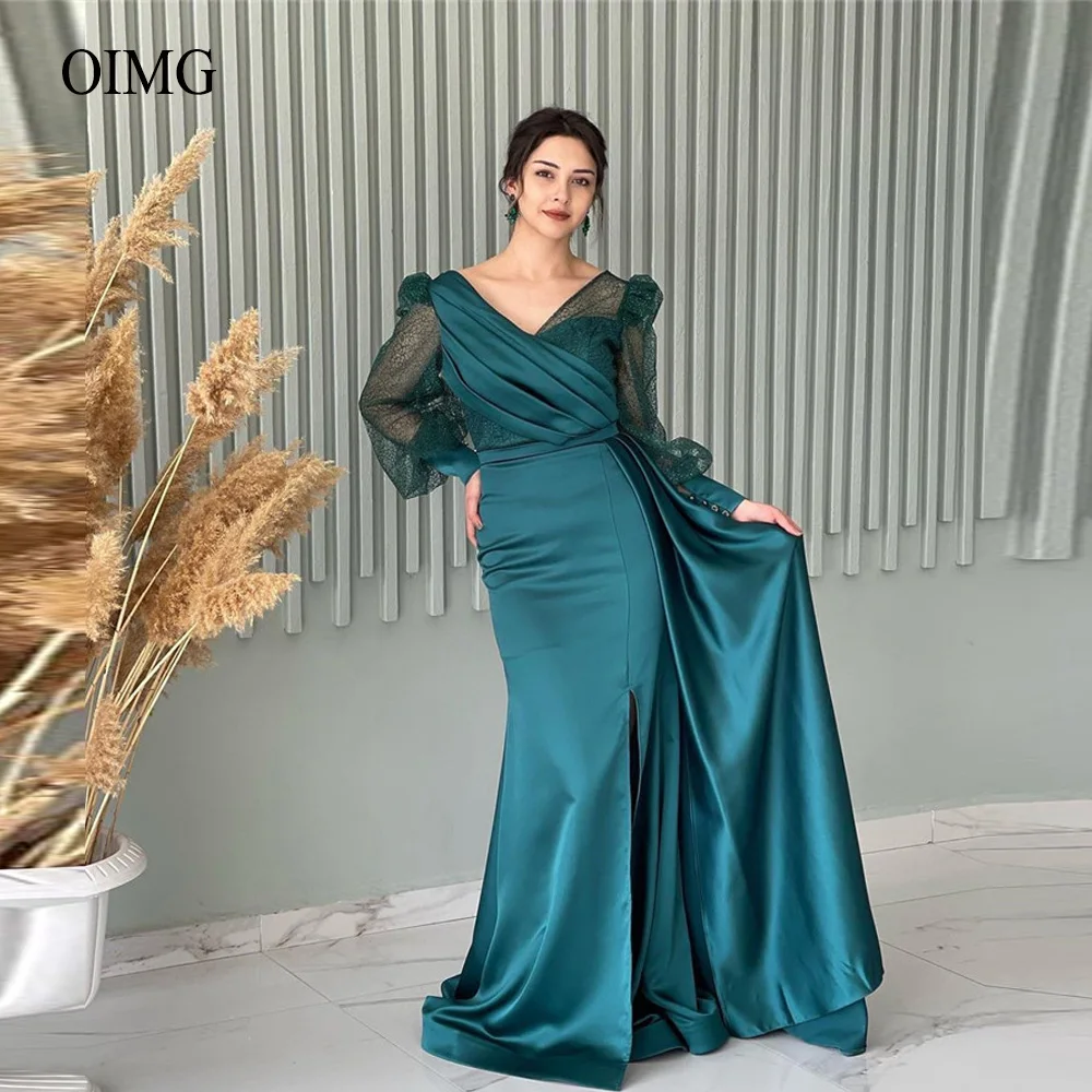 

Green Puff Long Sleeves Evening Dresses Modest V Neck Pleats Satin Slit Prom Gowns Occasion Formal Event Dress Plus Size