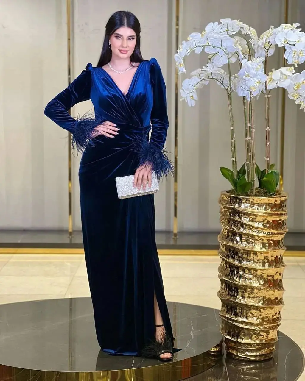

Женское бархатное платье-русалка, вечернее платье синего цвета с длинным рукавом для выпускного вечера