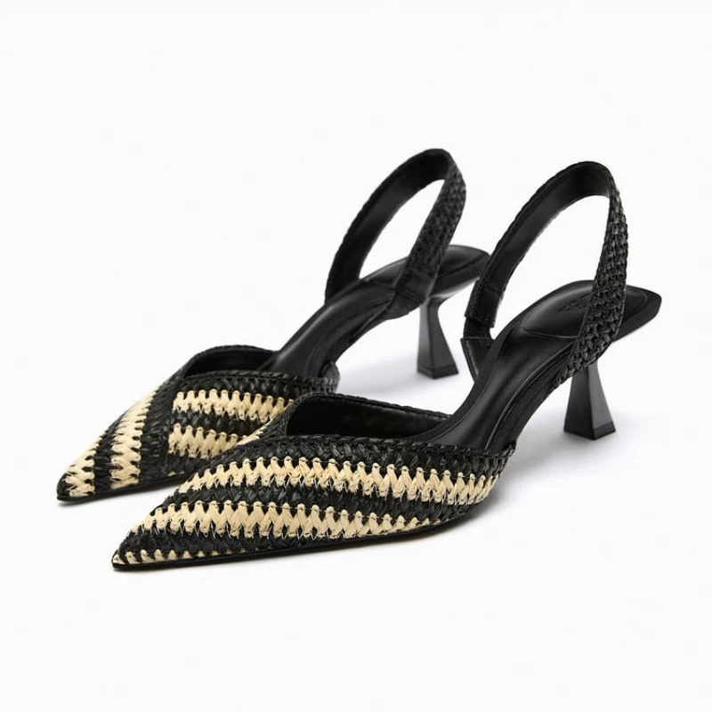 

TRAF Striped Woven High Heels For Women Autumn Casual Pointed Toe Kitten Heel Pumps Ladies Elegant Heeled Slingback Heels