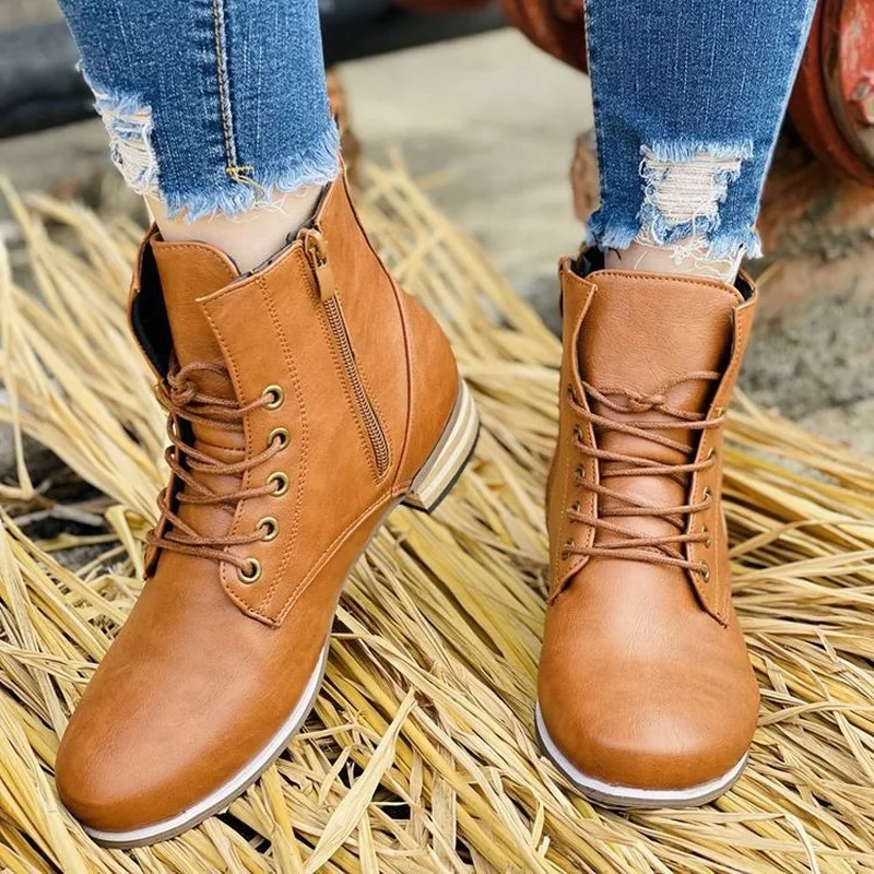 

2022 New Women Martin Boots Fashion British Lace Up Low Heel Side Zipper Ankle Boots Female Water Proof Knight Boots Botas Mujer