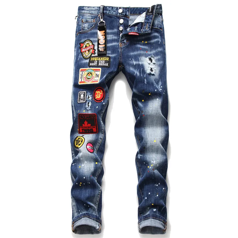 

New DSQUARED2 Stitching Printing Men's Slim Jeans Straight Leg Motorcycle Rider Hole Pants Blue Jeans Man 1059#