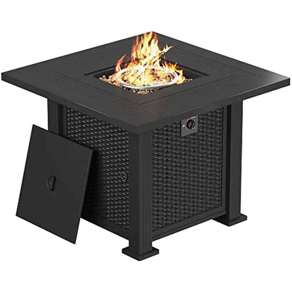 

Outdoor Gas Fire Pit Table 28 Inch 50,000 BTU Steel Propane Firepit With Lid and Lava Rock Imitation Rattan Weave Texture