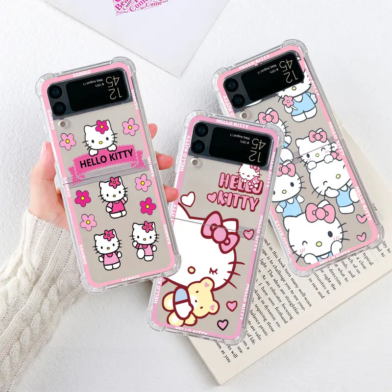

Clear AirBag Phone Case for Samsung Galaxy Z Flip 4 Z Flip 3 5G For Galaxy zflip4 zflip3 Cover Fundas Cute Pink Hello Kitty