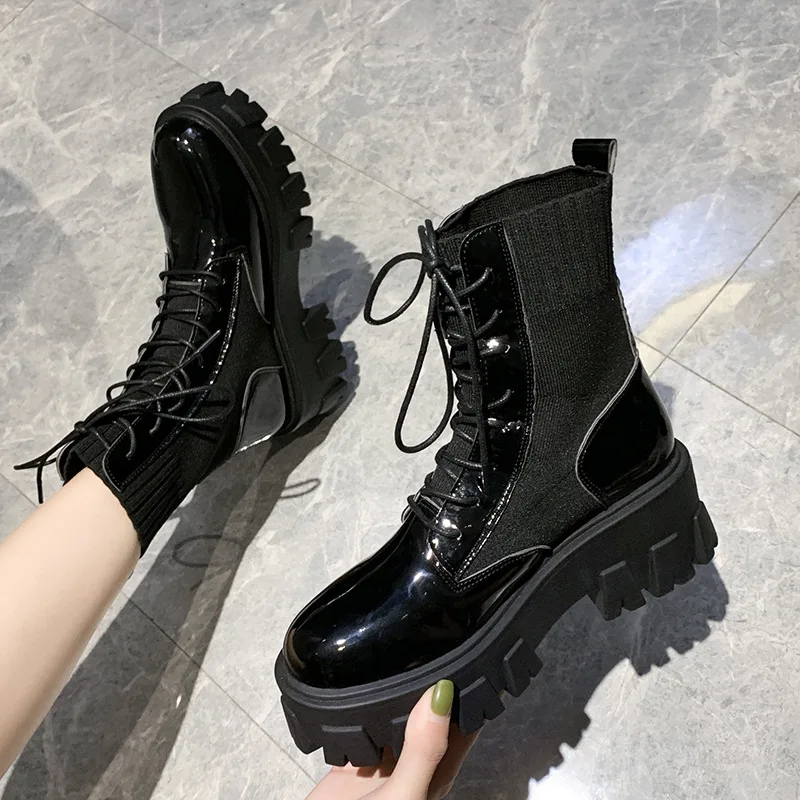 

Women Motorcycle Booties Autumn Winter Knitted Thick Sole Shoes Ladies Fashion Soft Leather Ankle Boots Handsome Black Sneakers