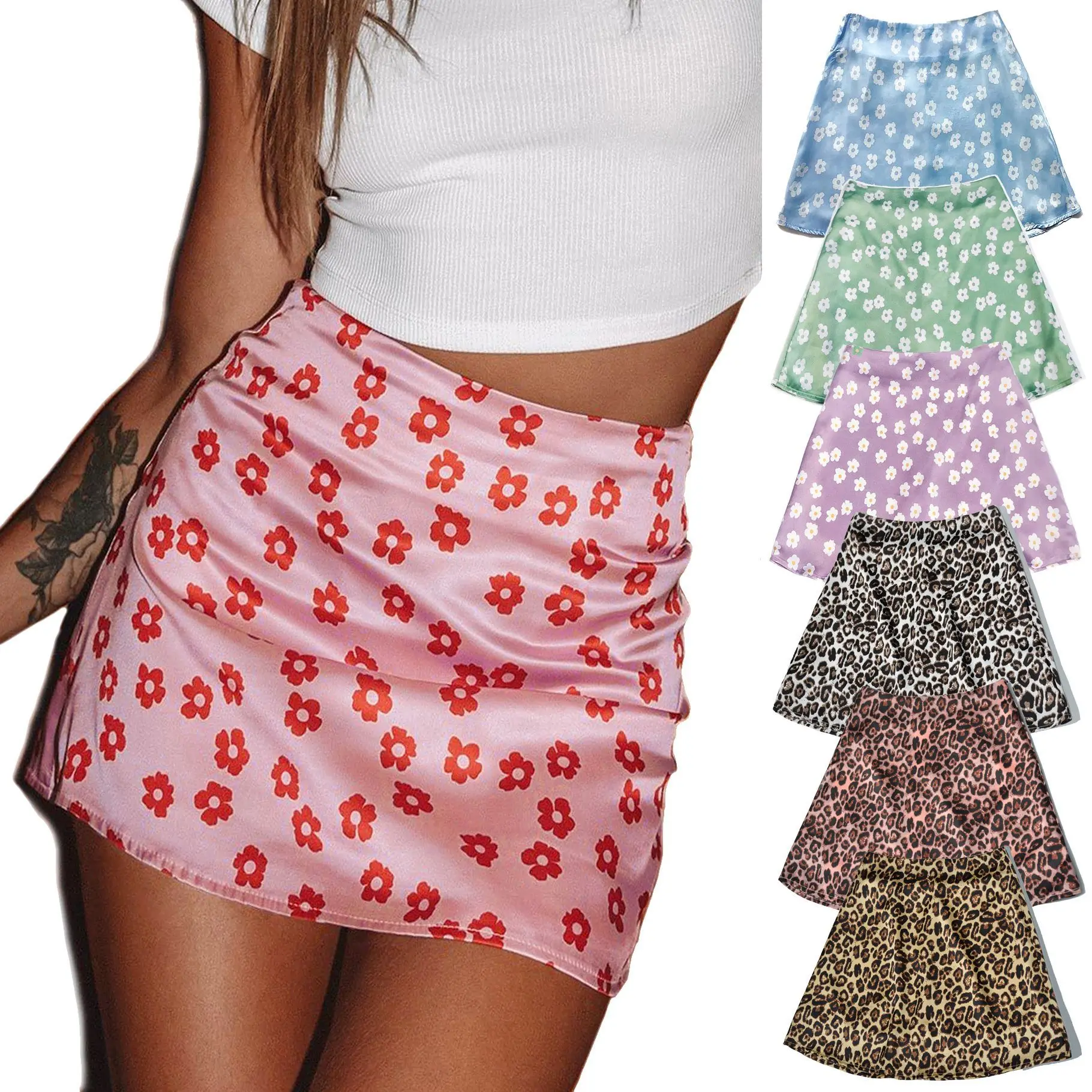 

High Waist Satin Print Short Skirt Pink Floret Leopard Print Skirt Mini Skirt Woman Skirts