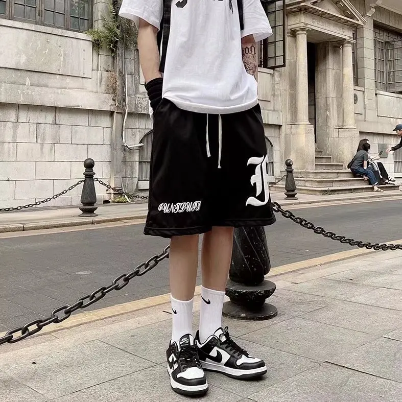 American Retro Shorts Women Harajuku Loose Street Fashion Sports Shorts High Waist Drawstring Hip Hop Straight Five Point Pants