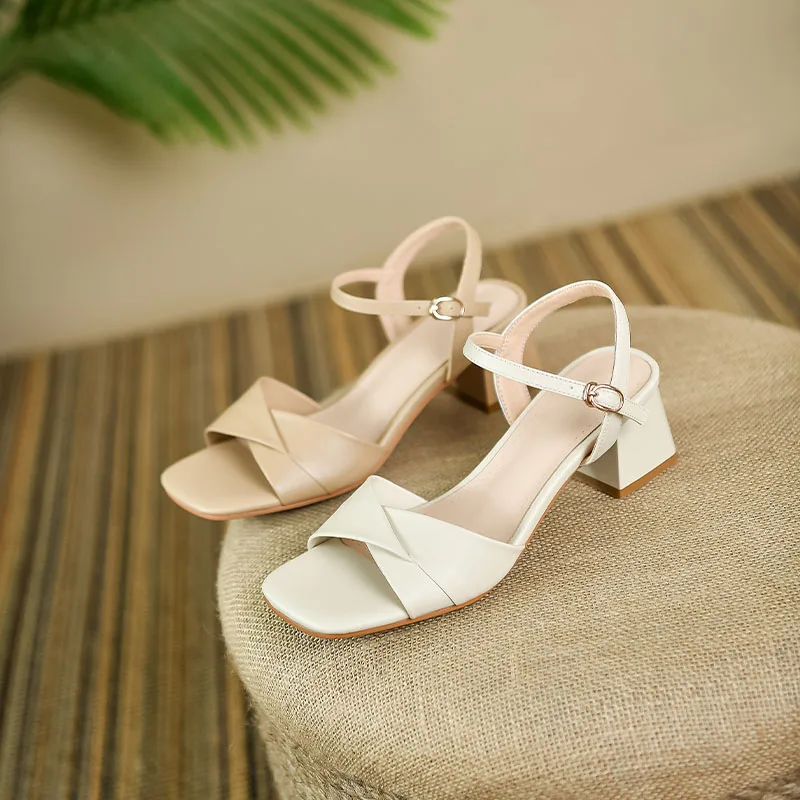 Women Sandals 2023 Summer Ladies Square Open Toe Thick Heels Sexy Apricot Beige Sandals