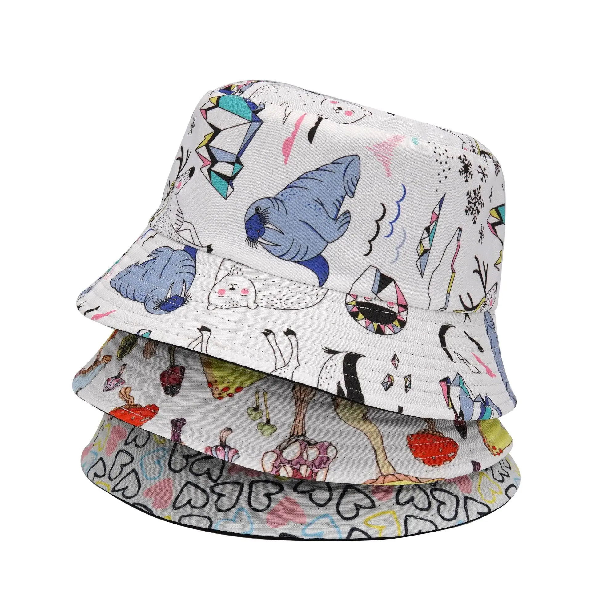

2022 Fashion Heart Print Bucket Hat Women Double Side Cotton Reversible Sun Protection Cap Men's Panama Hat Fisherman Hats