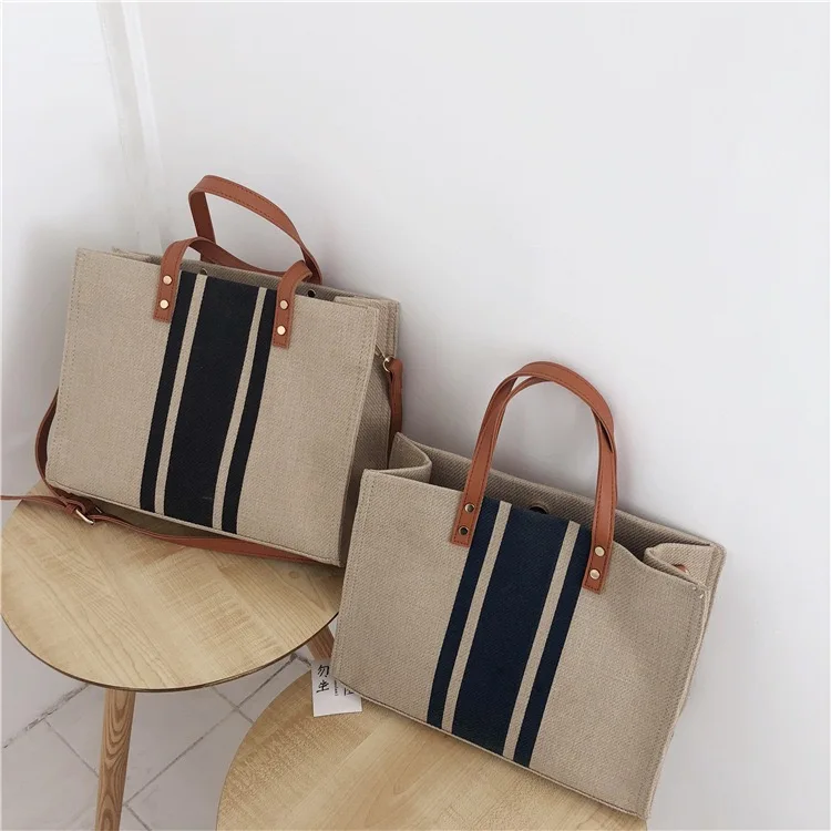 Large Canvas Bag For Women 2023 New Luxury Handbags Vintage Striped Tote Bag Female Portable Ol Business Briefcase Korean Style